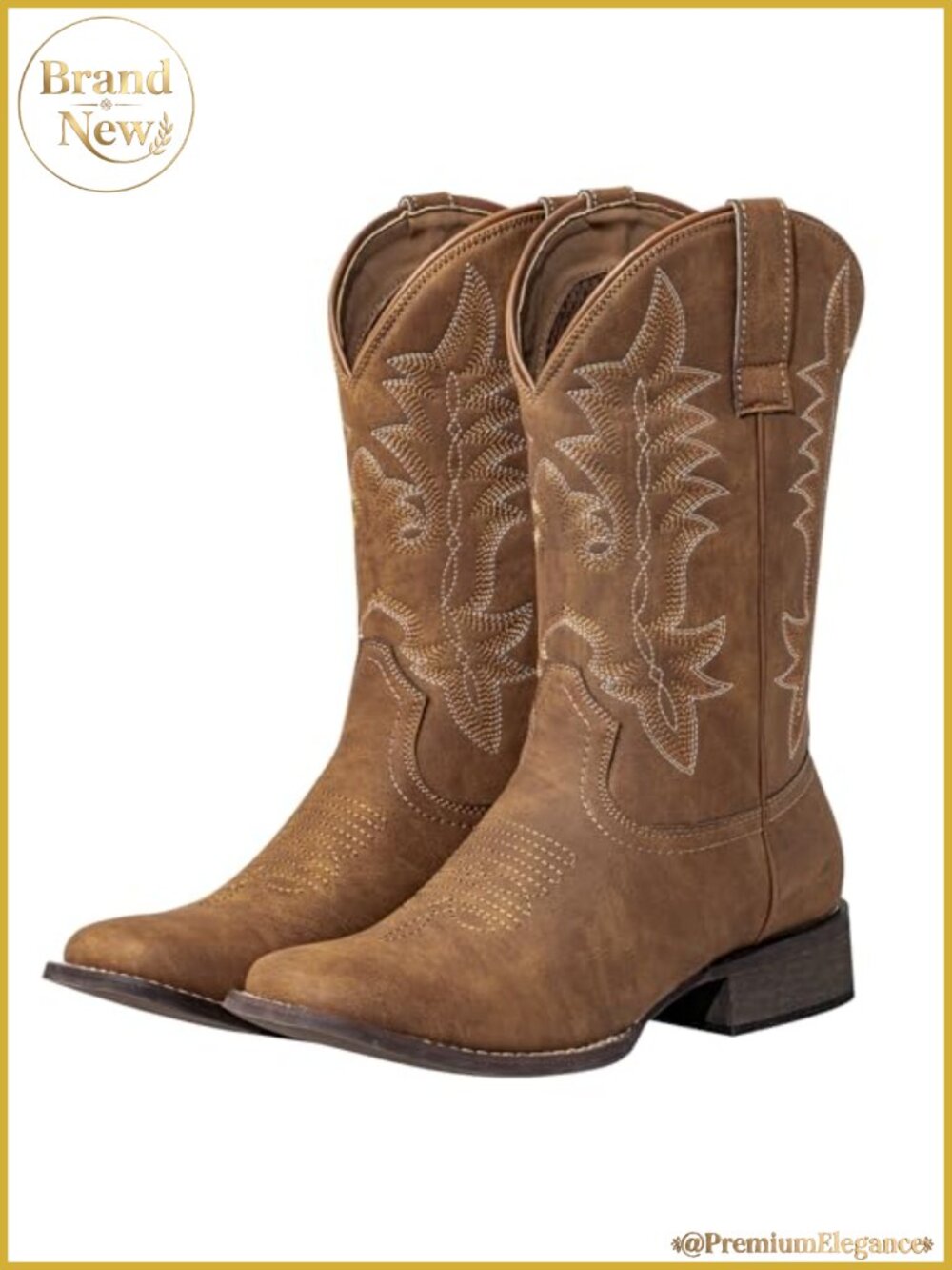 Faux Leather Square Toe Western Cowboy Boots Mid-Calf